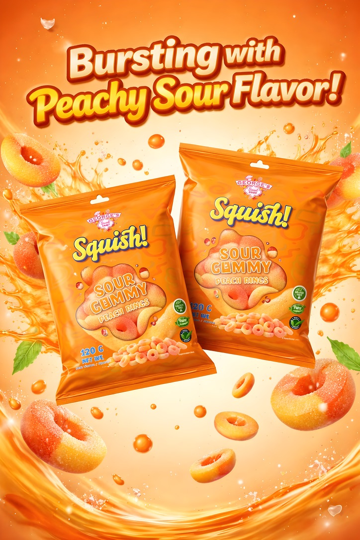 Squish! 120g Peach Rings 120g Sour Peach Ring Gummy's